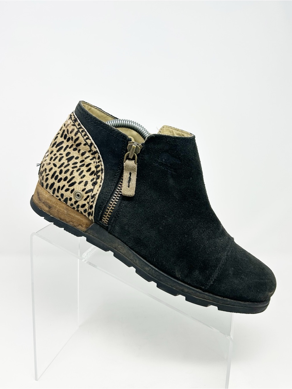 Sorel Major Low Booties Womens Black Ankle Side Zip Leopard Print Wedge Size 10